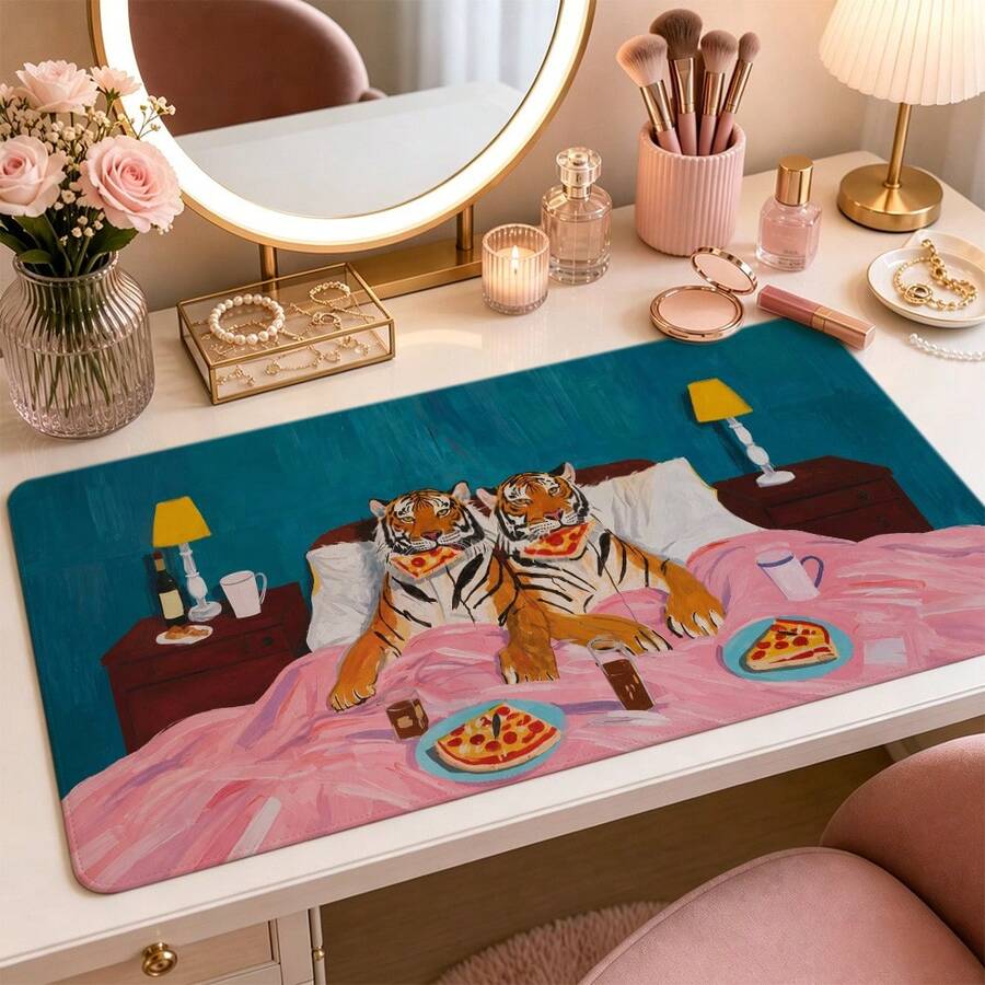 Tiger Pizza Night Illustration Extended Mouse Pad, Whimsical Bedroom Animal Art Pink Quilt Large Desk Mat With Stitched Edge, Smooth Cloth & Natural Rubber For Gaming Office Home Study Desk, 3 Sizes Available - View 1