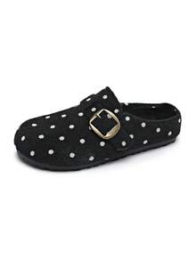 French Vintage Polka Dot Buckle Mule Slippers, Wool Lining With Fleece, Closed Toe Slouchy Slippers, Autumn/Winter - Polka Dot Black - View 6