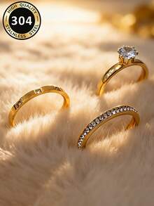 3pcs Set Elegant Cubic Zirconia Rings For Women Wedding Engagement Party Jewelry Valentine's Day Gift - 1# - View 3
