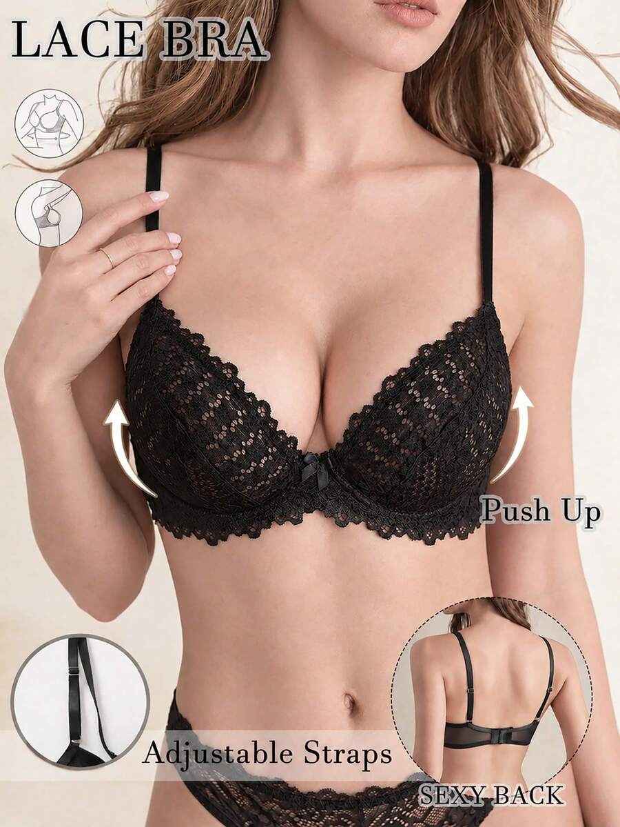 Lace Bra Push Up Lingerie For Women Underwire Bra See Through Style Without Padding Backless Cami Black Adjustable Straps Halloween - Black - View 1