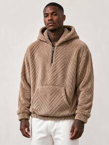 Essential! Light Brown Half-Zip Fleece Sweatshirt, 3D Textured Design + Hooded Style, Streetwear Vibes - Khaki - View 6