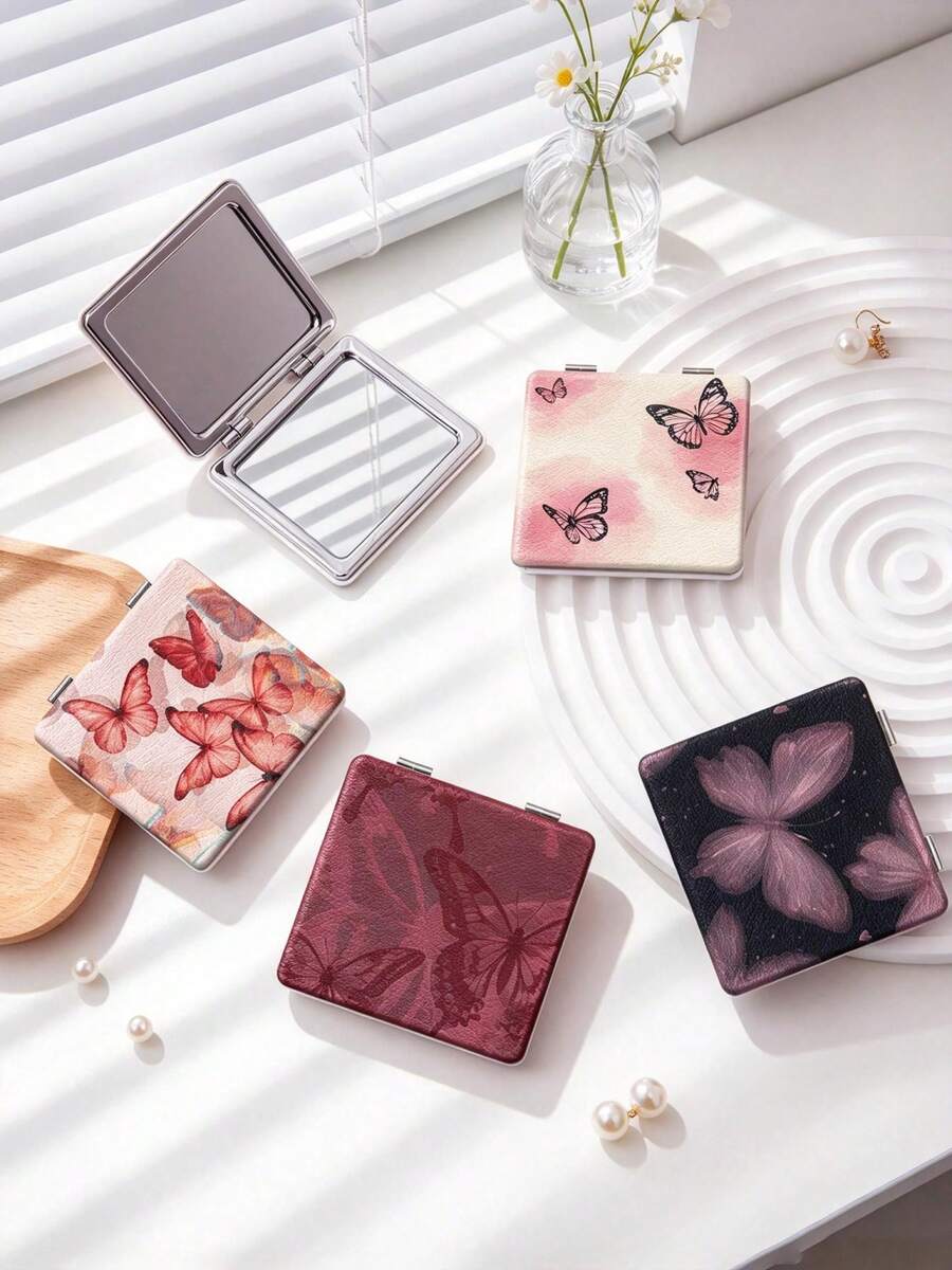 1PC Millennium Y2K Series Portable Vanity Mirror, Foldable Lightweight Ultra-Thin Convenient Hand Mirror, PU Leather, Suitable For Multiple Scenarios And All People, Foldable Small Square Mirror, Pocket Mirror, Cartoon Healing Butterfly Printed Pattern Design, Exquisite Handheld 180° Flip Cover Multi-Function Mini Mirror, Compact Mirror, Mirrors - Multicolor - View 1