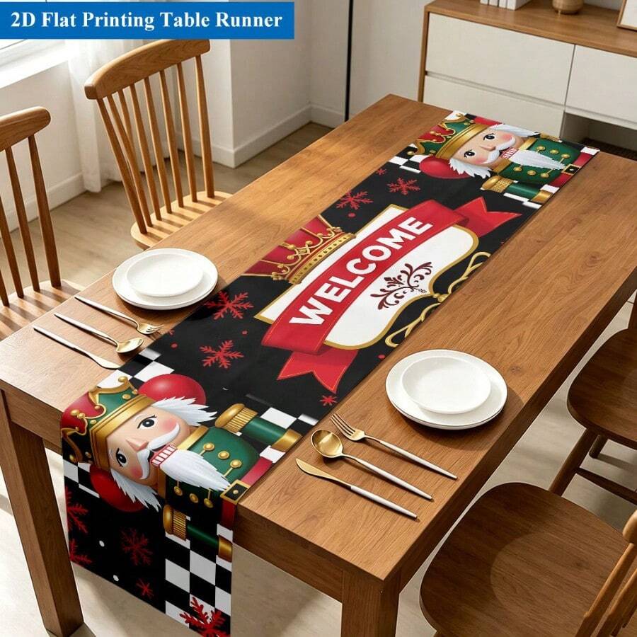 2D Flat, 1 Piece, Christmas Soldier Welcome Design Poster Polyester Material Rectangular Table Flag, Suitable For Dining Tables, Coffee Tables, Anniversary Weddings, Home Decoration, Bright Cultural Decoration In Kitchens, Parties, And Festivals, - 13 - View 1