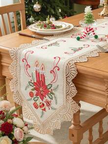 ABEST6522 Home&Living store 1pc Christmas Candle And Poinsettia Embroidered Table Runner, Hollow Carved Design, Vintage Christmas Table Decor, Suitable For Dinner Party, Family Gathering, Home Holiday Decoration - Multicolor - View 17