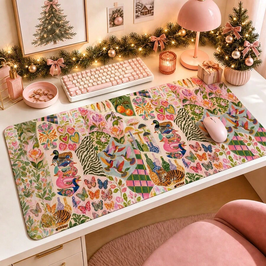 1 buah Alas Meja Kolase Bunga dan Hewan Boho Vintage, Pelindung Meja Rias Serbaguna, Alas Seni Kuku, Alas Mouse Desktop Besar untuk Wanita, Kamar Tidur & Kantor, S/M/L/XL - View 1