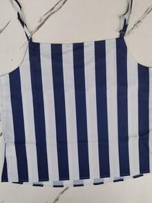 Women's Casual Striped Tank Top, Adjustable Strap Design - Blue & Beige Vertical Stripes, V-Neck, Polyester Fabric, Non-Stretch, Loose Waist-Cinching Slimming Thin Summer Sleeveless Top, Perfect For Casual Wear, Sexy Blouse - Navy Blue - View 8
