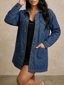 Women's Long Sleeve Single-Breasted Casual Pocket Long Denim Jacket - Blue - View 1