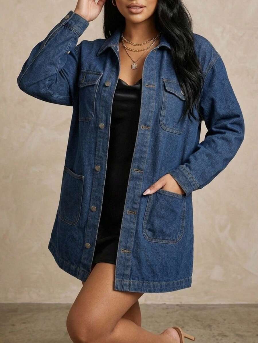 Women's Long Sleeve Single-Breasted Casual Pocket Long Denim Jacket - Blue - View 1