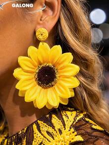 Light Luxury Yellow Fabric Large Flower Earrings, Wrapped Round Buckle Dangle Exaggerated Ear Jewelry, European And American Runway Bohemian Vacation Style Accessory - Yellow 1 - View 2