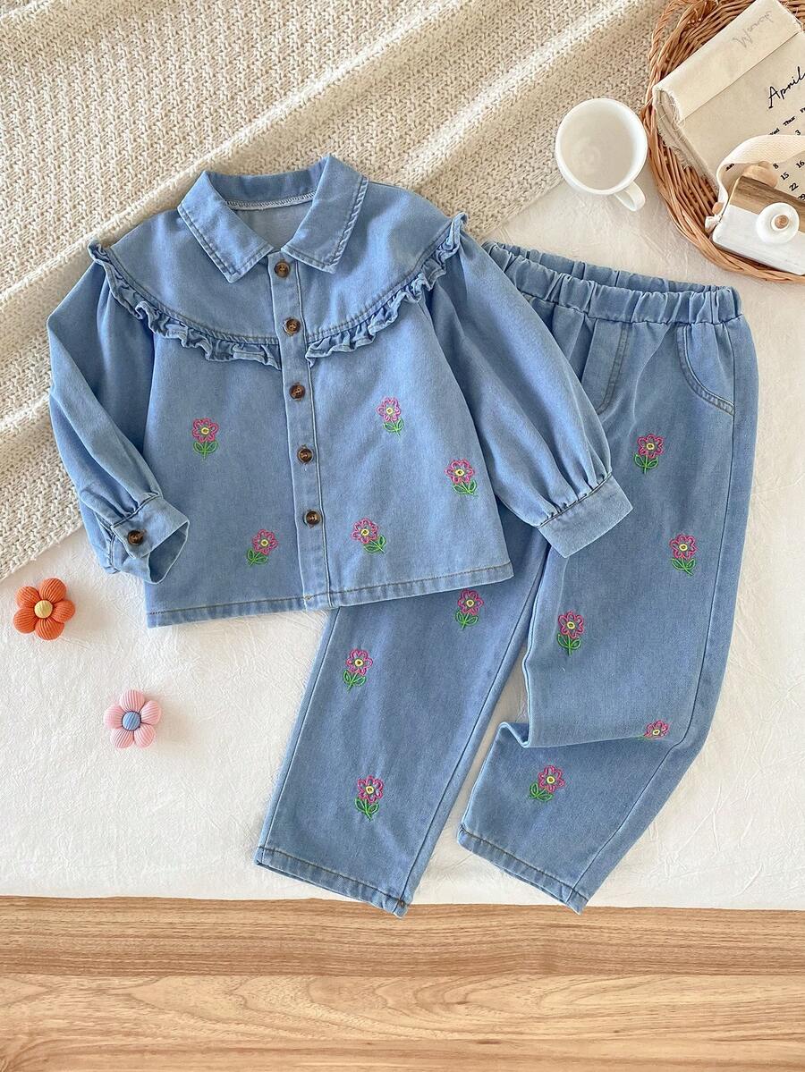 Girls' Ruffle Collar Denim 2 Pieces Set, Floral Embroidered Long Sleeve Denim Top + Denim Jeans, Casual Spring/Autumn Toddler Outfit - Medium Wash - View 1
