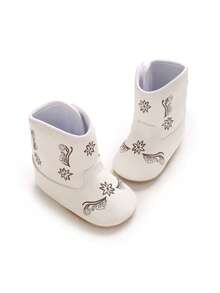 Vintage Floral Embroidered Baby Western Style Leather Boots, White Soft Sole Premium Pre-Walker Shoes - White - View 3