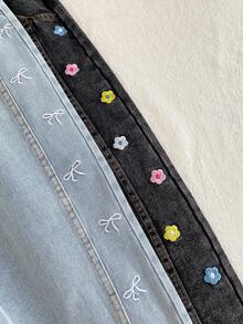 2pcs/Set Girls' Spring/Autumn Bow & Floral Embroidered Denim Jeans, Casual Vacation Wear, Elastic Waist Long Pants - Multicolor - View 5