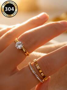 3pcs Set Elegant Cubic Zirconia Rings For Women Wedding Engagement Party Jewelry Valentine's Day Gift - 1# - View 5