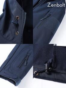ZenBolt 冬季男士純色抓絨內裡連帽機能夾克，修身版型，全開襟拉鍊多口袋，袖口貼布保暖外套 - 藏蓝色 - 查看 5