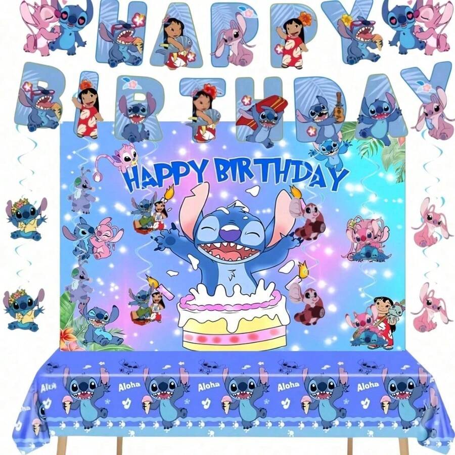 52TOYS Lilo And Stitch Birthday Party Decorations Kit, Stitch Happy Birthday Banner, Hanging Swirls, Birthday Backdrop And Disposable Tablecloth, Stitch Theme Birthday Party Supplies - Multicolor - View 1