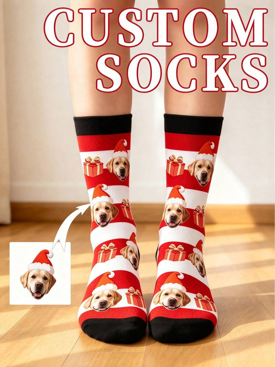 Customized Christmas Women's Mid-Calf Socks, Snowflake, Christmas Hat And Gift Box Print, Holiday Personalized Gift Socks - Multicolor - View 1