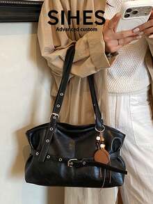 1pc Solid Color PU Leather New Women's Bag, Shoulder Bag, Fashionable Versatile Square Handbag, Baguette Bag, Zipper Closure, Dual Handles, Suitable For Commuting, Shopping, Dating - Black - View 9