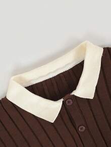 Autumn/Winter Vintage British Vertical Striped Knit Polo Men's Contrast Trim Detail Design Versatile Loose Fit Knit Top - Brown - View 5