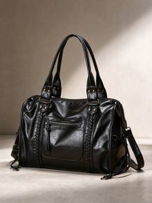 Dedoo Vintage Motorcycle Tote Bag, Soft Washed PU Leather, Woven Rivet Multi-Pocket, Large Capacity Storage, Distressed Punk Style, Suitable For Commuting And Travel For Women - Black - View 2