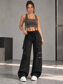 Women's Multi-Pocket Cargo Pants With Drawstring Waist, Zipper Pockets And Straight Leg Fit For Casual Streetwear. - Black - View 10