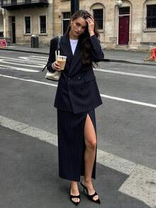 Navy Blue Vertical Striped Loose Blazer & Split Hem Pants Set, Vintage Elegant, Spring/Autumn, Office Commute, Graduation, Party Outfit - Navy Blue - View 1