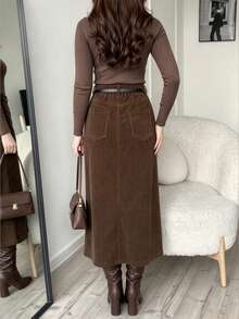 Rok Panjang Wanita Ukuran Plus Bahan Korduroi Vintage Panjang Sedang Pinggang Tinggi Belahan Depan Desain Saku Cokelat Musim Gugur/Dingin - Mocha Brown - View 4