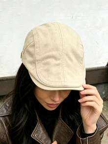 1件女款時尚格紋編織錨圖案報童帽，韓系風格，適合日常穿著與搭配 - 米 - 查看 3