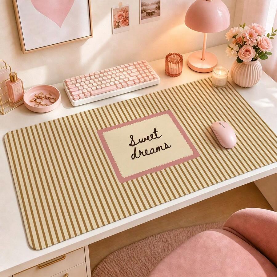 Sweet Dreams Pink Scalloped Note Stripe Extended Mouse Pad, Retro Cream And Brown Handwritten Quote Large Desk Mat, Anti-Slip Smooth Cloth & Natural Rubber For Bedroom Office Gaming Desk, 3 Sizes Available - View 1