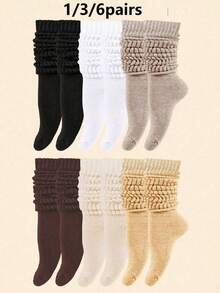 1/3/6 Pairs Women's Loose Knit Socks, Slouch Socks, Drawstring Socks, Mid-Calf Socks, Autumn/Winter - Multicolor - View 11