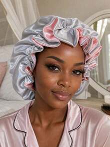 1pc Double Layer Ruffle Satin Sleep Cap, Made Of Smooth Satin Fabric, Pink And Blue Contrast Piping, Sweet And Fresh, Anti-Static And Breathable, Suitable For Sleep, SPA And Travel, Light Blue And Pink Available - Multicolor - View 3