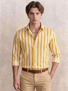 Men's Casual Button-Up Long Sleeve Striped Shirt, Lightweight And Breathable For Spring/Summer, Suitable For Daily Wear, Weekend Outings - Yellow - View 2