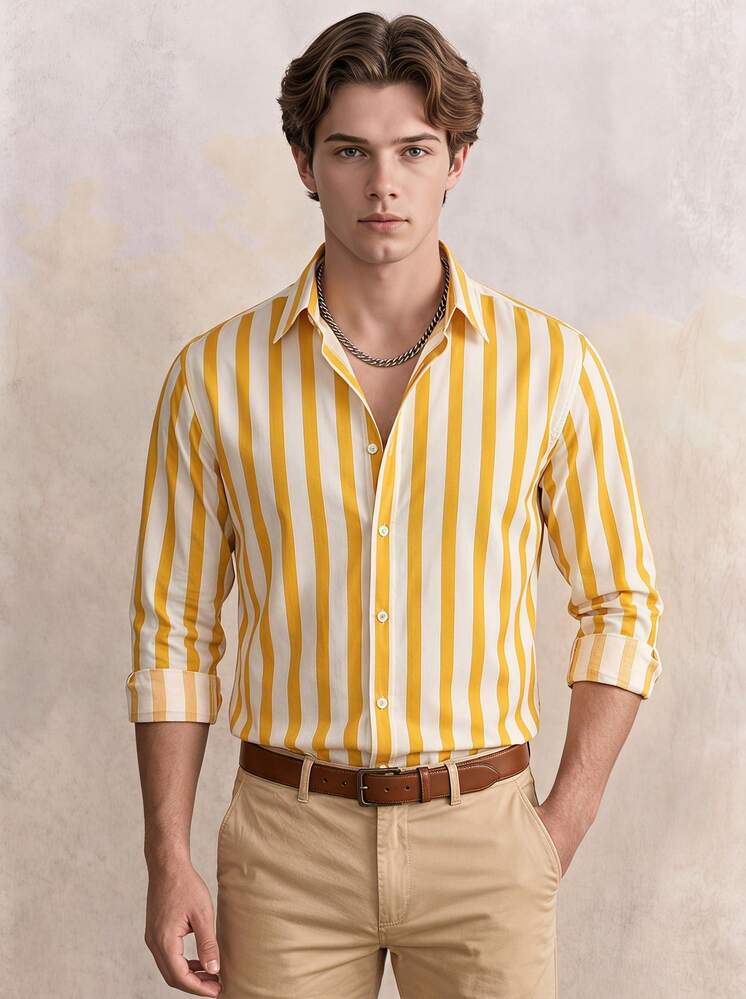Men's Casual Button-Up Long Sleeve Striped Shirt, Lightweight And Breathable For Spring/Summer, Suitable For Daily Wear, Weekend Outings - Yellow - View 1