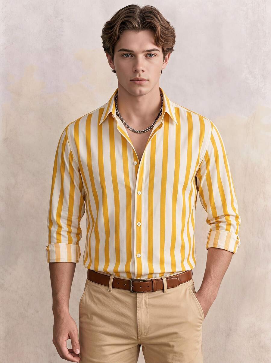 Men's Casual Button-Up Long Sleeve Striped Shirt, Lightweight And Breathable For Spring/Summer, Suitable For Daily Wear, Weekend Outings