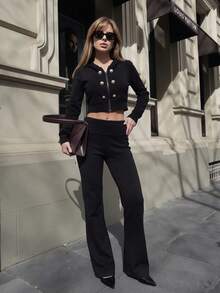 Women's Double-Breasted Long Sleeve Hooded Sweatshirt & Loose Pants Set - Black - View 4