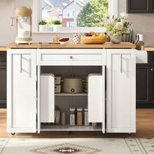 Flieks Kitchen Island On Wheels With Foldable Countertop, Mobile Kitchen Cart With 3-Tier Vertical Drawers, 2 Door-Mounted Racks And Lockable Casters, 120 * 45(70) * 87 Cm - White and Natural - View 5