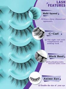 5 Pairs Manga Lashes Natural False Eyelashes Anime Lash 3D Volume Spiky Eyelashes Faux Mink Wispy Fluffy Cosplay Fake Lash Look Like Individual Cluster - Black - View 7