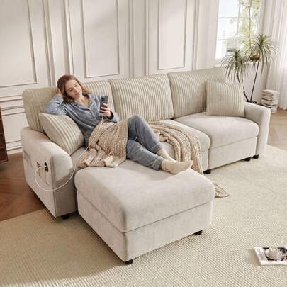 Flieks Modern Sofa With 1 Footstool, 2 Square Cushions, 1 USB Port And 1 Type-C Port