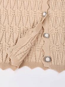 Yuwenier Apricot Chunky Knit Cardigan, Wavy Edge V-Neck, Front Button Design, Long Sleeve Slim Fit Cropped Top, Soft Fabric, Spring/Autumn Casual Daily Wear - Khaki - View 9