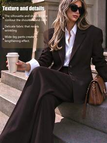 Fashionable Women's Lapel Blazer & Pleated Wide Leg Pants Set, Elegant Non-Stretch Fabric, Suitable For Autumn/Winter Office Wear, Solid Color - Chocolate Brown - View 4