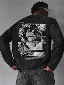 Men's Spring/Autumn Patchwork David Statue Print Faux Washed Drop Shoulder Loose Crew Neck Long Sleeve T-Shirt - Black - View 3