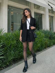 女款秋季時尚優雅休閒黑色西裝外套與迷你裙兩件套，適合辦公室工作、外出與度假 - 黑色 - 查看 2