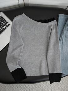 Grey Lace Patchwork Ruffle Asymmetrical Shoulder Long Sleeve Knit Sweater Women Autumn/Winter Design Letter Embroidery Top - Light Gray - View 9