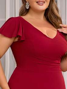 Plus Size Women's Chiffon Slit Ruffle Short Sleeve Elegant Bridesmaid Dress - Burgundy - View 8