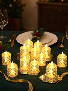 24/12/3pcs Battery Operated Diamond Pattern Flameless LED Tealight Candles, Warm Light Electronic Christmas Decor Candle Lights, Christmas LED Candles,Electronic Fake Candles, Winter Wedding Party Table Home Decor Crystal Candle Light - Diamond Surface-m - View 3