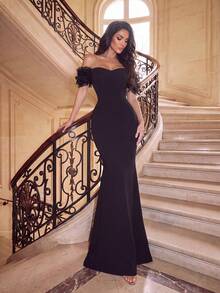 Elegant Cold Shoulder Mermaid Long Dress, Ruched Satin Tail, Fitted Style, Suitable For Photos, Beach Vacation, Resort, Evening Party And Formal Occasions - Black - View 4