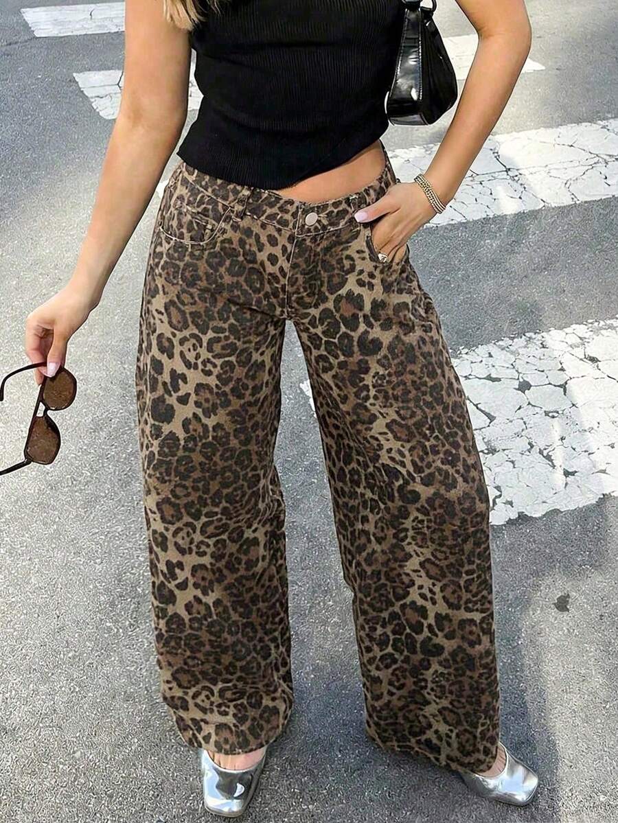 Y2K Street Retro Leopard Print High Waist Slanted Pocket Wide Leg Denim Jeans Classic Denim Long Pants - Brown - View 1