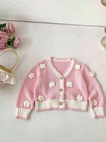 Autumn/Winter New Baby Girls' Clothing, Exquisite Handmade 3D Floral Sweater Jacket, Gentle Elegant V-Neck Knit Cardigan - Pink - View 1