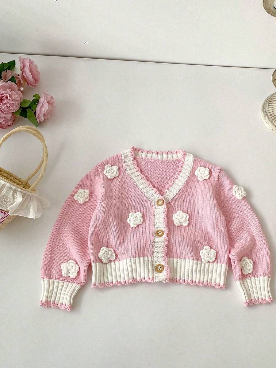 Autumn/Winter New Baby Girls' Clothing, Exquisite Handmade 3D Floral Sweater Jacket, Gentle Elegant V-Neck Knit Cardigan - Pink - View 1