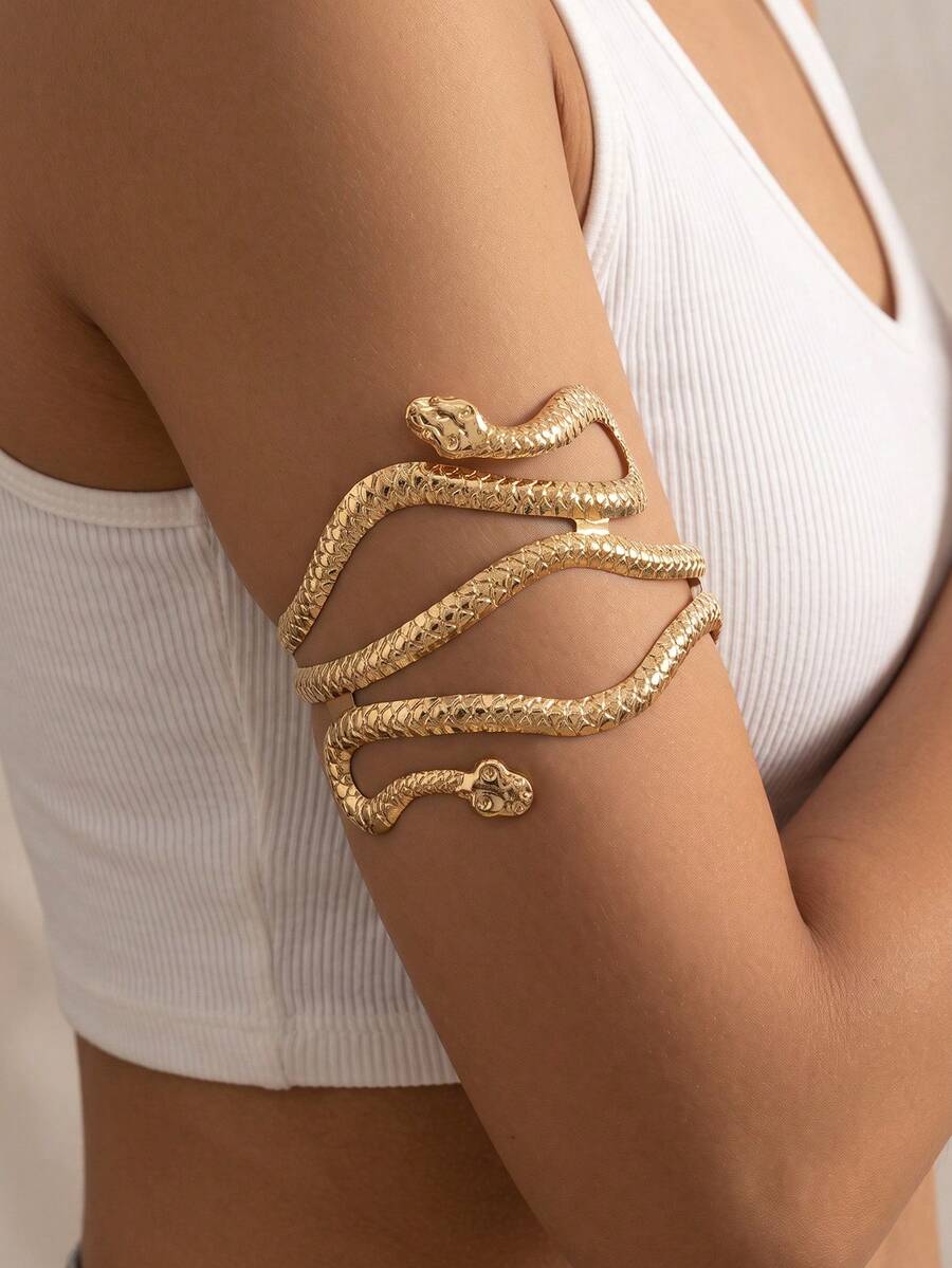 1 pieza Brazalete de brazo estilo casual minimalista con forma de serpiente de doble cabeza dorada, cadena de brazo lineal, cadena corporal versátil de estilo punk elegante de metal para mujer, adecuada para combinar a diario con cualquier atuendo como accesorio - Dorado - Ver 1
