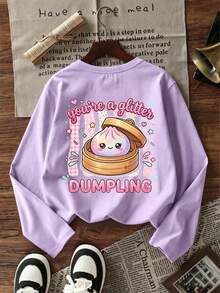 Tween Girl Fun Graphic Print Crew Neck Long Sleeve T-Shirt, Autumn/Winter Top - Mauve Purple - View 2